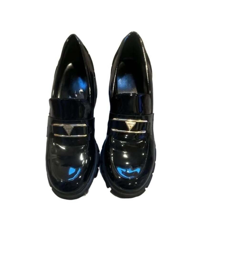Guess Loafers Size 7.5M Black Patent Chunky Heel Platform Shoes